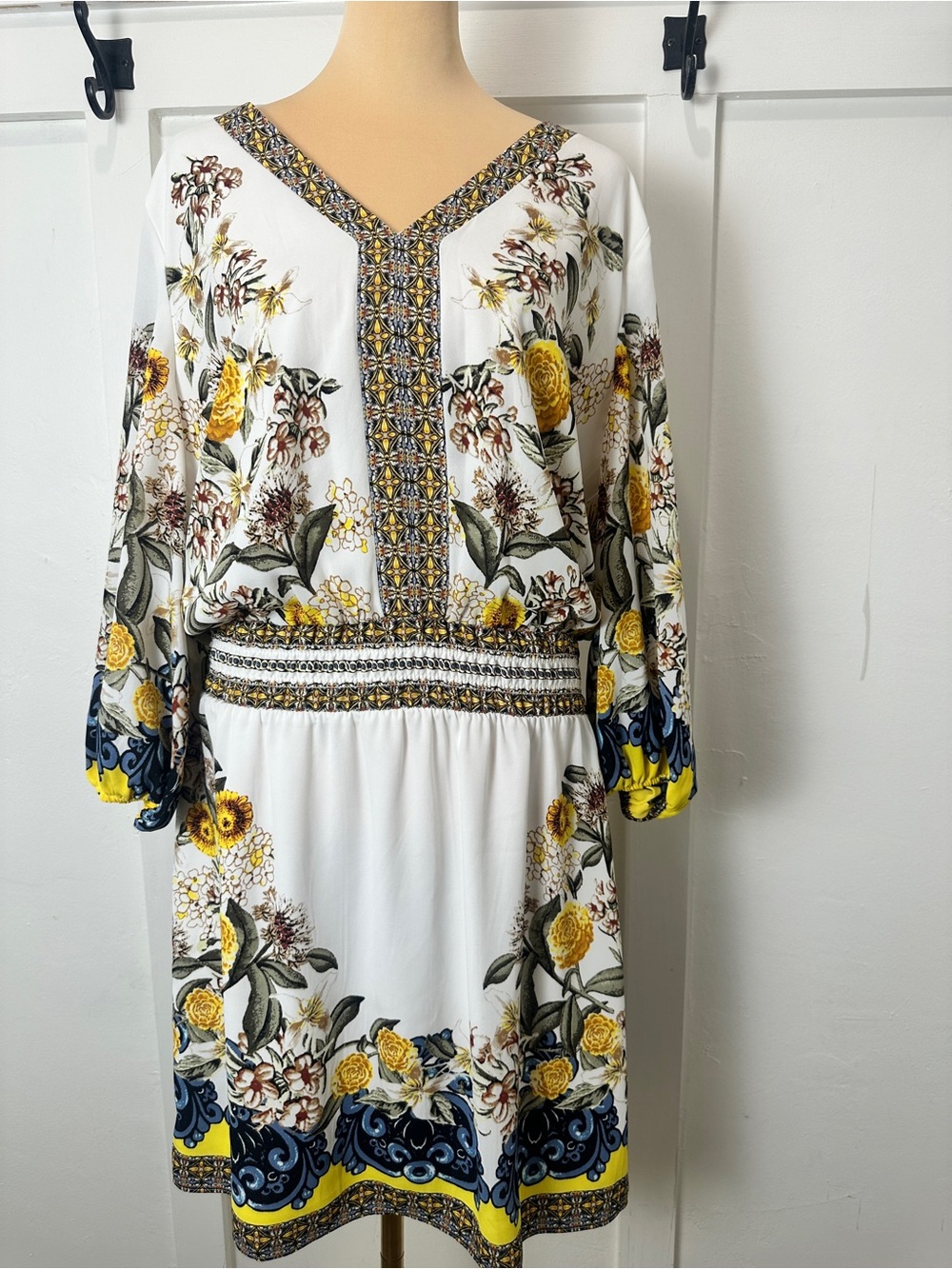 White Floral V-Neck Smocked Waist Dress - Yellow & Navy Accents